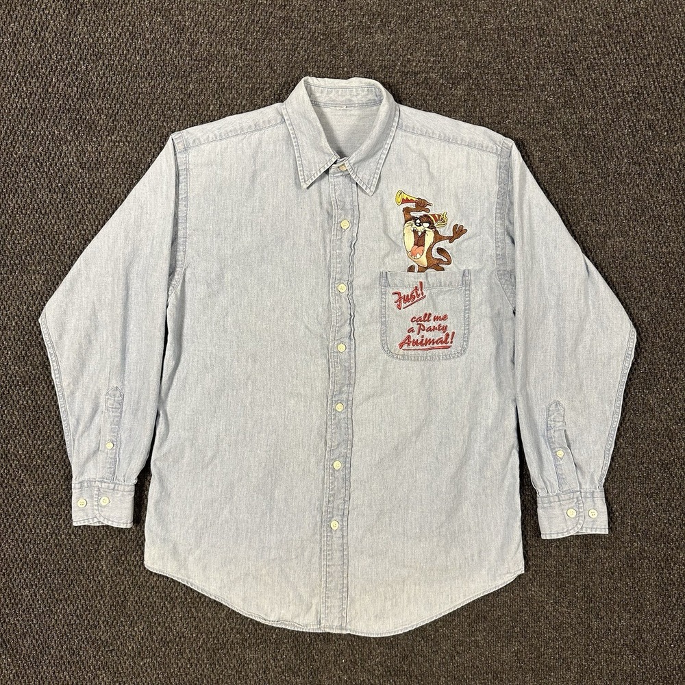 Vintage Warner Bros Tasmanian Devil Looney Tunes Chambray Shirt M Embroidered